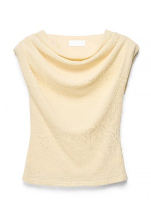 Kreemja tekstuuriga varrukateta top laia langenud kaelusega ja istuva vöökohaga.