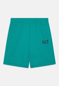 Turquoise katoenen shorts met een elastische tailleband, zijzakken en een zwart geborduurd logo op het linkerbeen. Gladde textuur, casual design.