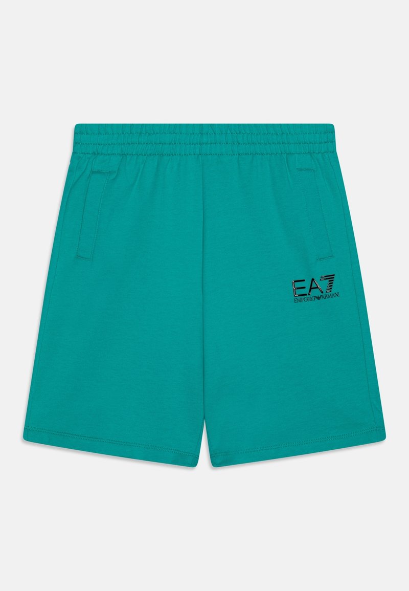 Turquoise katoenen shorts met een elastische tailleband, zijzakken en een zwart geborduurd logo op het linkerbeen. Gladde textuur, casual design.