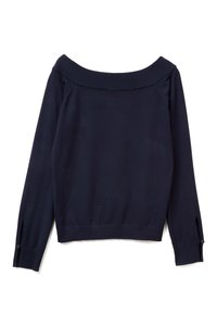 Suéter azul marino sin hombros, con un cuello acanalado, mangas largas con detalle de botones y una cintura ajustada. Tejido de punto suave.