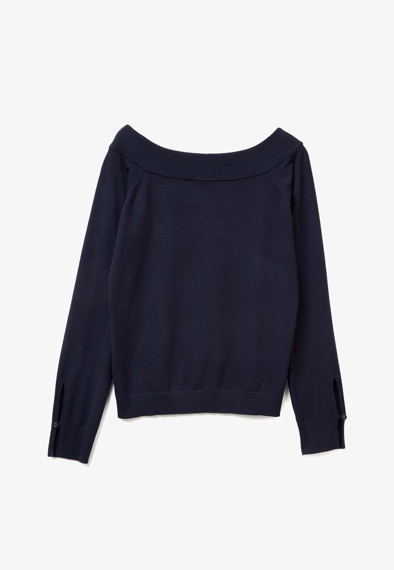 Suéter azul marino sin hombros, con un cuello acanalado, mangas largas con detalle de botones y una cintura ajustada. Tejido de punto suave.
