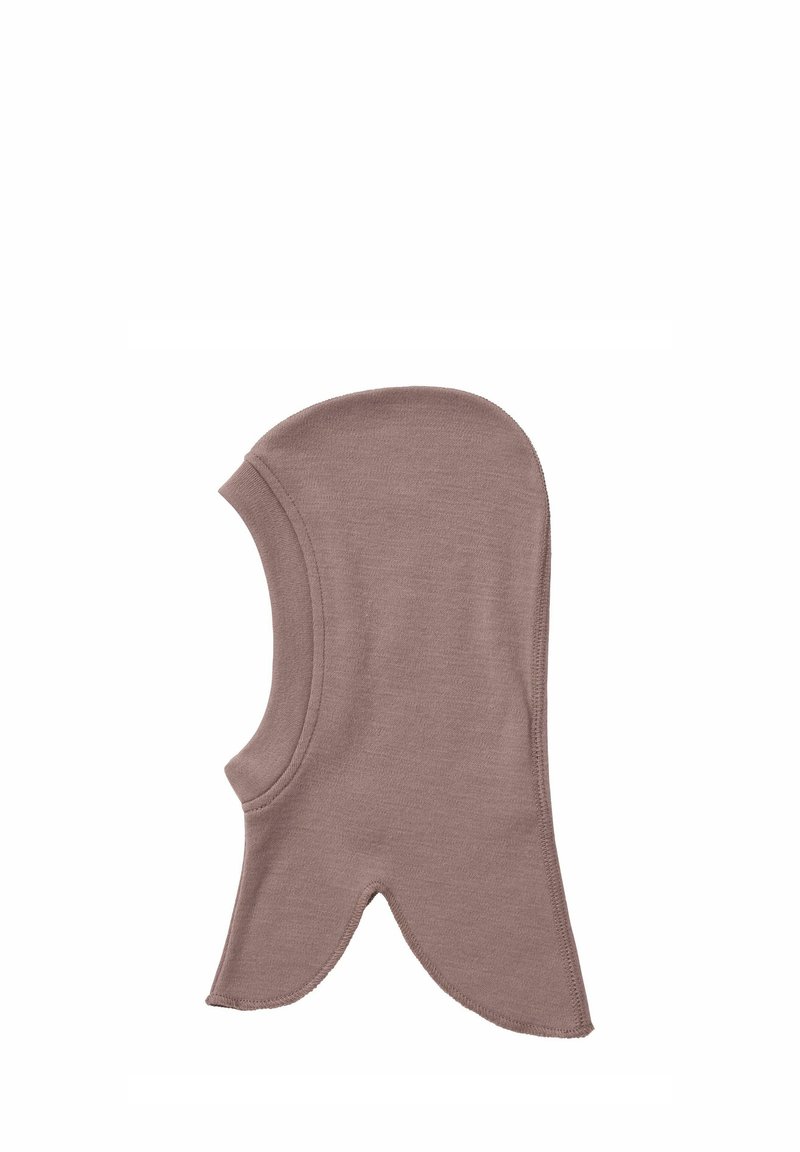 Balaclava tricotée de couleur taupe avec couvre-nuque allongé et coutures lisses, conçue pour la chaleur et une couverture complète de la tête.