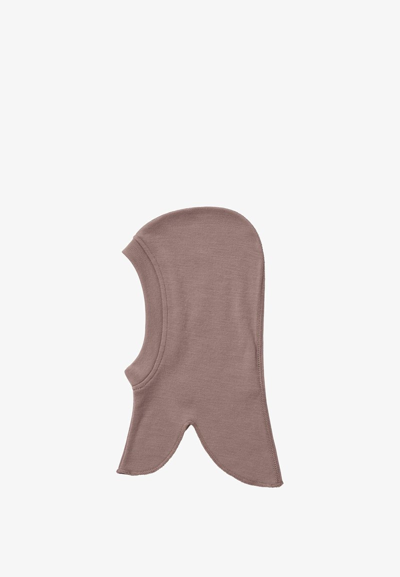 Balaklava v taupe barvě, pletená, s prodlouženým krytem na krk a hladkými švy, navržená pro teplo a kompletní pokrytí hlavy.