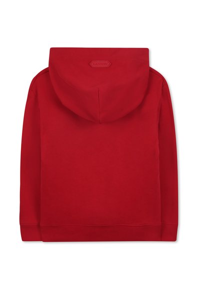 Felpa con cappuccio rosso realizzata in tessuto morbido. Presenta un logo testurizzato sul colletto posteriore e polsini a costine all'orlo e alle maniche.