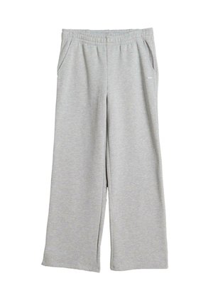 Gray sweatpants made of soft fabric, featuring an elastic waistband and side pockets, with a wide-leg design and a smooth texture.