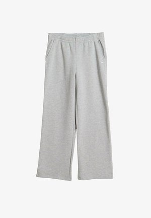 Grå sweatpants av mjukt tyg, med elastisk midja och sidfickor, med en vida design och en slät yta.