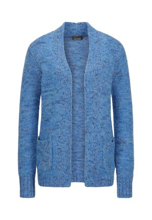 Blauer, gestrickter Cardigan mit offenem Vorderteil, langen Ärmeln und zwei vorderen Taschen, ausgestattet mit einer melierten Textur sowie gerippten Bündchen und Saum.