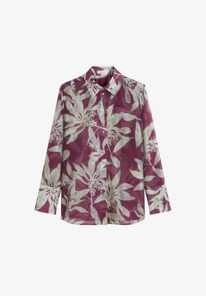 Chemise à manches longues à boutons de couleur violet profond avec un motif floral gris clair. Tissu doux avec une coupe décontractée et un design de col traditionnel.