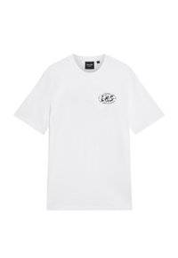 Witte katoenen T-shirt met korte mouwen, ronde hals en een zwart grafisch logo op de linkerkant van de borst. Zachte textuur en een ontspannen pasvorm.