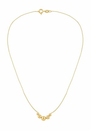 Njegovana zlatna lančana ogrlica s pet poliranih zlatnih kuglica u sredini, raspoređenih tako da je jedna velika kuglica okružena s po dvije manje s obje strane.