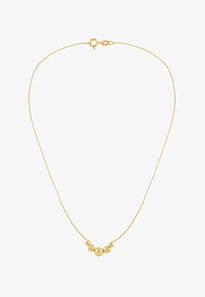 Delicate gold chain necklace with five polished gold spheres in the center, arranged with one large sphere flanked by two smaller ones on each side.