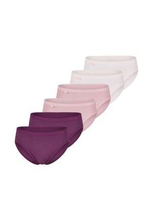 Set of six cotton briefs in various shades: dark purple, light pink, white. Features elastic waistbands and smooth texture, in classic brief style.