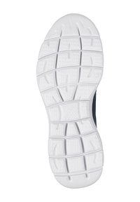 Suela de goma blanca con patrones de agarre texturizados, que presenta secciones rectangulares y acentos curvos. Diseño duradero y flexible para tracción.