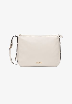 Borsa a tracolla rettangolare beige con tracolla regolabile e logo dorato "LIU JO" al centro sul davanti, texture liscia e chiusura a zip sulla parte superiore.