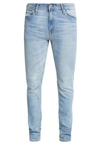 Világoskék, slim fit farmernadrág, öt zsebbel, cipzáros fronttal és kontrasztos varratokkal. Simább textúrájú, megfakult részekkel.