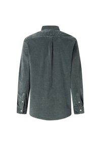 Donkergrijze corduroy overhemd met lange mouwen, knoopmanchetten en een keurig gevouwen kraag. Heeft een centrale achterkant plooi voor extra bewegingsvrijheid.