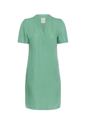 Rochie cu mânecă scurtă, lungime până la genunchi, din in verde deschis, cu decolteu în V, mâneci ușor bufante și două buzunare laterale. Textură netedă.