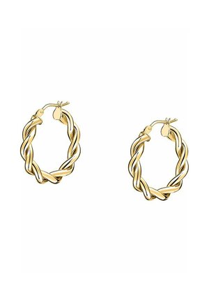 Gold hoop earrings with a twisted design. Bright metallic finish, smooth texture, secure clasp, and circular shape.