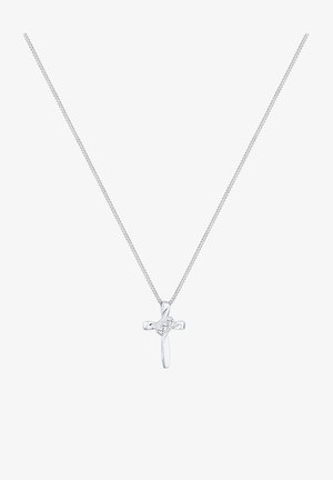 Srebrny wisiorek w kształcie krzyża z teksturowanym łańcuszkiem. Krzyż ma centralny diamentowy akcent i gładkie wykończenie.