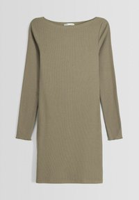 Robe vert olive à manches longues en tissu côtelé, dotée d'un col bateau et d'une coupe légèrement oversize avec des bords bruts à l'ourlet.