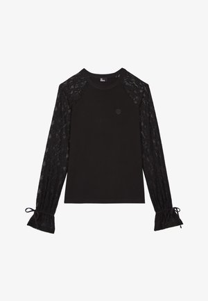 Maglietta nera a maniche lunghe con maniche in pizzo raglan e lacci ai polsini. Presenta un logo discreto sul petto. Tessuto morbido e texture.