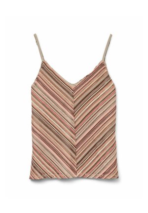Ærmeløs striktop med tynde beige stropper og chevronmønster i nuancer af brun, pink, creme og orange.
