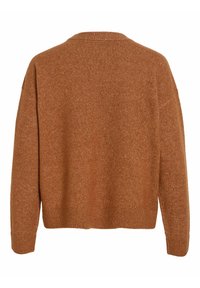 Pull en laine marron à manches longues avec col rond côtelé, poignets et ourlet, vu de dos.