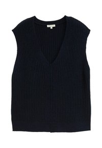 Marineblaue, gerippte, ärmellose Strickoberbekleidung mit tiefem V-Ausschnitt und gerader Passform. Strukturierter Stoff mit einem dezenten Glanz und ohne sichtbare Verschlüsse.