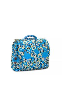 Backpack featuring a blue floral leopard print with yellow, white, and black accents. Includes a blue handle and a decorative monkey charm.