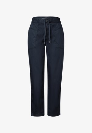 Marineblaue Hose mit Kordelzug und elastischem Bund sowie Fronttaschen. Glattes Material, cropped Länge und keine sichtbaren Muster oder Beschläge.