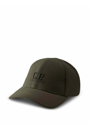 Cappellino da baseball verde oliva con visiera curva, con logo ricamato "C.P. Company" sul pannello frontale.