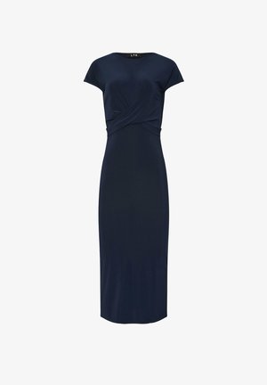 Navyblaues Kleid mit kurzen Puffärmeln, gedrehtem Vorderteil, taillierter Silhouette, knielangem Saum und glatter Stofftextur.