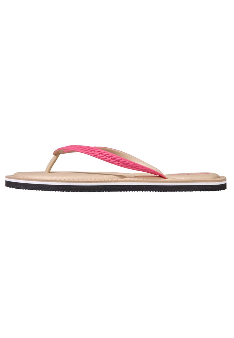 Flip-Flop-Sandale mit einem pinken strukturierten Riemen, beigem Fußbett, schwarzer Laufsohle und weißen Streifen entlang der Kante. Einfaches, leichtes Design.