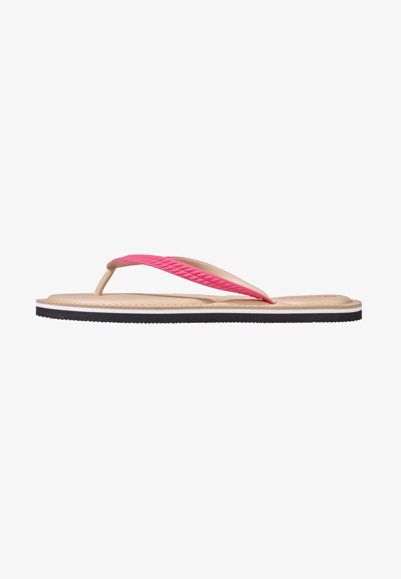Flip-flop sandaal met een roze textuurband, beige voetbed, zwarte zool en witte strepen langs de rand. Eenvoudig, lichtgewicht ontwerp.