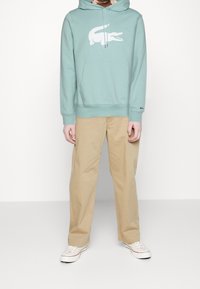 Jasnoniebieska bluza z kapturem z białym logo krokodyla, sznurkami przy kapturze, kieszenią typu kangur, zestawiona z beżowymi spodniami i białymi trampkami.