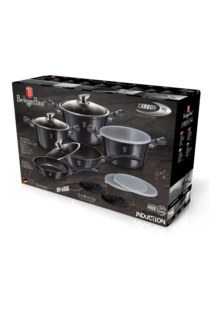 Ensemble de casseroles noires avec revêtement antiadhésif, différentes tailles, couvercles en verre, poignées ergonomiques et sous-plat en silicone inclus. Conception compatible avec l'induction.