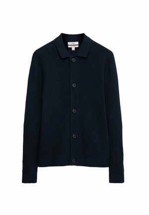 Cardigan azul marino de manga larga con botones, con cuello, textura de punto y puños y dobladillo acanalados.