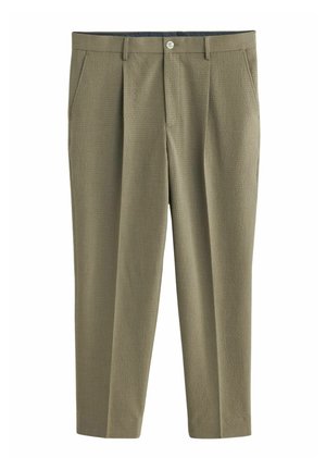 Helle olivgrüne Hose aus strukturiertem Material, mit tailliertem Schnitt, Vorderfalten und einem Knopfverschluss am Bund.