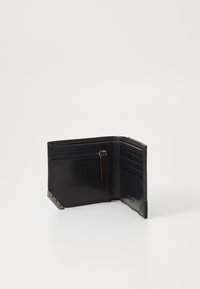Black leather wallet with zippered compartment, multiple card slots, smooth texture, and brown leather accents on the edges.