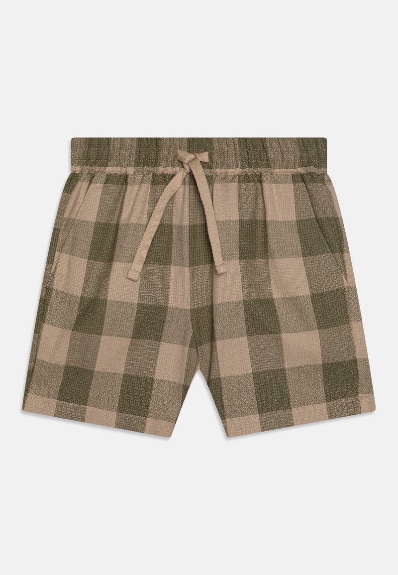 Shorts à carreaux verts et beiges avec une ceinture élastique et un cordon de serrage. Fabriqués en tissu texturé, dotés de poches latérales.