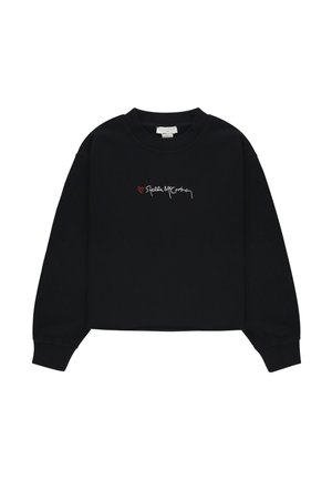 Felpa nera corta realizzata in tessuto morbido, con testo ricamato in bianco e rosso che recita "I ❤️ Stella McCartney" sul davanti.