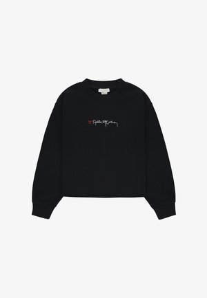 Felpa nera corta realizzata in tessuto morbido, con testo ricamato in bianco e rosso che recita "I ❤️ Stella McCartney" sul davanti.
