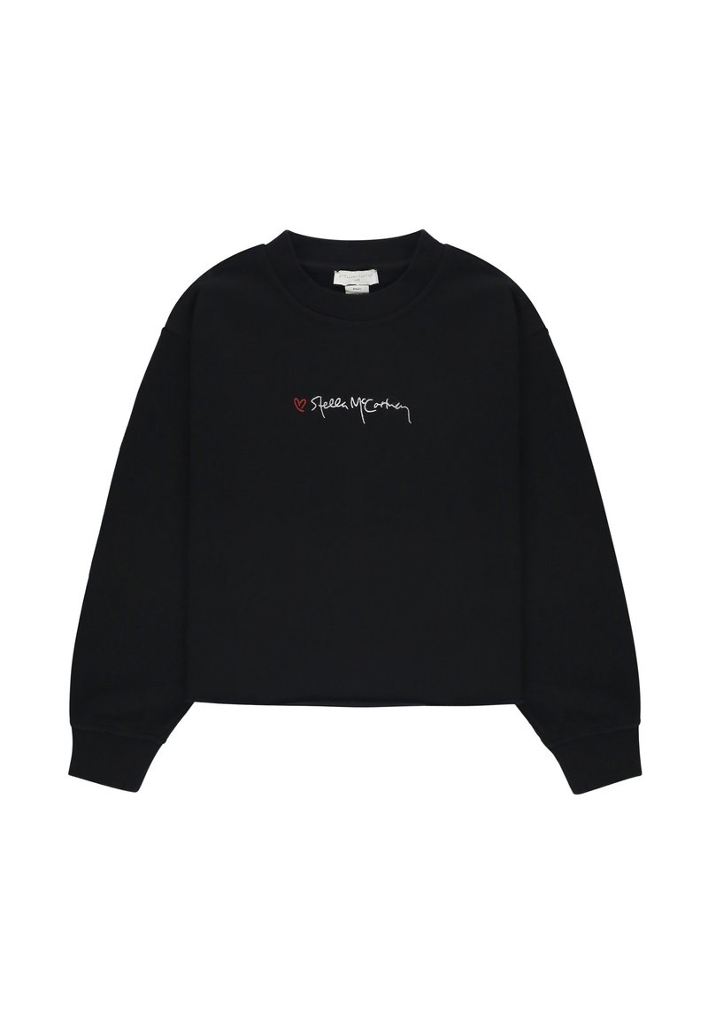 Felpa corta nera in tessuto morbido, con scollo rotondo e maniche lunghe. Sul davanti presenta un testo ricamato in rosso e bianco.