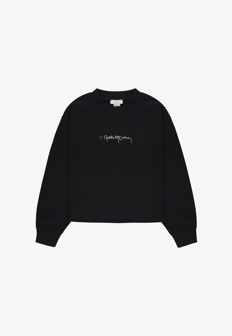 Felpa corta nera in tessuto morbido, con scollo rotondo e maniche lunghe. Sul davanti presenta un testo ricamato in rosso e bianco.