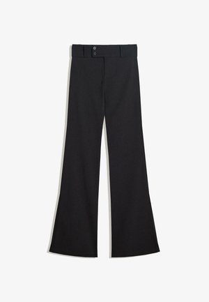 Czarne spodnie z wysokim stanem, szerokimi nogawkami i dwoma guzikami na pasku, pokazane na białym tle.