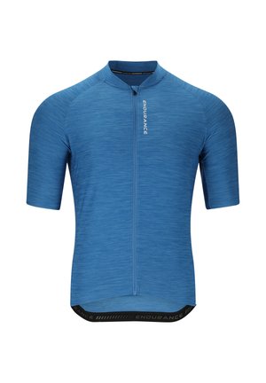 Blauw kort mouw fietsshirt met voorrits en de tekst "ENDURANCE" verticaal gedrukt op de borst en de tailleband.