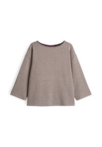 Pull en maille texturée beige à manches longues avec un col rond et des manches légèrement larges, posé à plat sur un fond blanc.