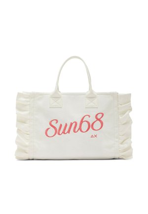 Borsa a mano bianca con lati arricciati, doppi manici e la scritta "Sun68" ricamata in grande corsivo rosa sul davanti.