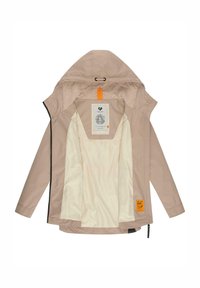Light beige hooded jacket with a soft inner lining, a front zipper, and an orange accent on the hood. Features a label and logo inside.