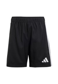 Pantalones cortos deportivos negros con cinturilla elástica, que presentan rayas blancas a los lados y un logo reflectante en la parte inferior de la pierna izquierda. Textura suave.